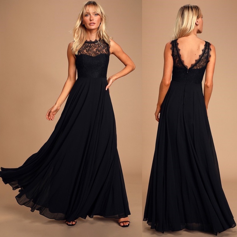Lulu’s NWT Divine Evening Black Lace & Chiffon Maxi Dress Evening Gown M